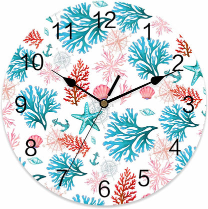 Wall Clock Ocean Coral Shell Clocks PVC Silent Non-Ticking Battery Operated Decorative Turquoise Pink Starfish Anchor Round Clock for Home Living Room Kitchen Bedroom Office School Wall Decor 10 Inch