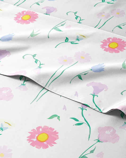 Kids Full Size Bed Sheet Set - 4 Piece Kids Loft Bed Sheets - Floral Flower Themed Bedding - Soft, Cute - Breathable and Machine Washable - Pretty Pink Flower Bed Set for Boys, Girls, Teens & Toddlers