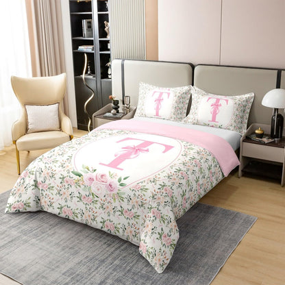 Erosebridal Peach Blossom 100% Cotton Duvet Cover Twin Size Letter T Bedding Set for Kids Girls WomenPreppy Kawaii Coquette Girly Comforter Cover Fashion Princess Dreamy Ribbon Bow Bedclothes