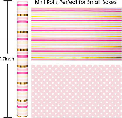 Flyhill Pink Wrapping Paper,Metallic Pink & Gold Foil Shimmering Stripe Gift Wrap With Grid Cutting Lines for Girls,Wedding,Baby Shower,Birthday (17 IN x 32.8 FT)