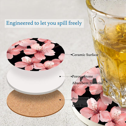 Nikyi 6 Pcs Pink Flower Ceramic Absorbent Coasters, Cherry Bloom Floral Round Drink Coaster with Metal Holder & Cork Base, for Coffee Table Desk Home Decor or Women Mom Wife Gift