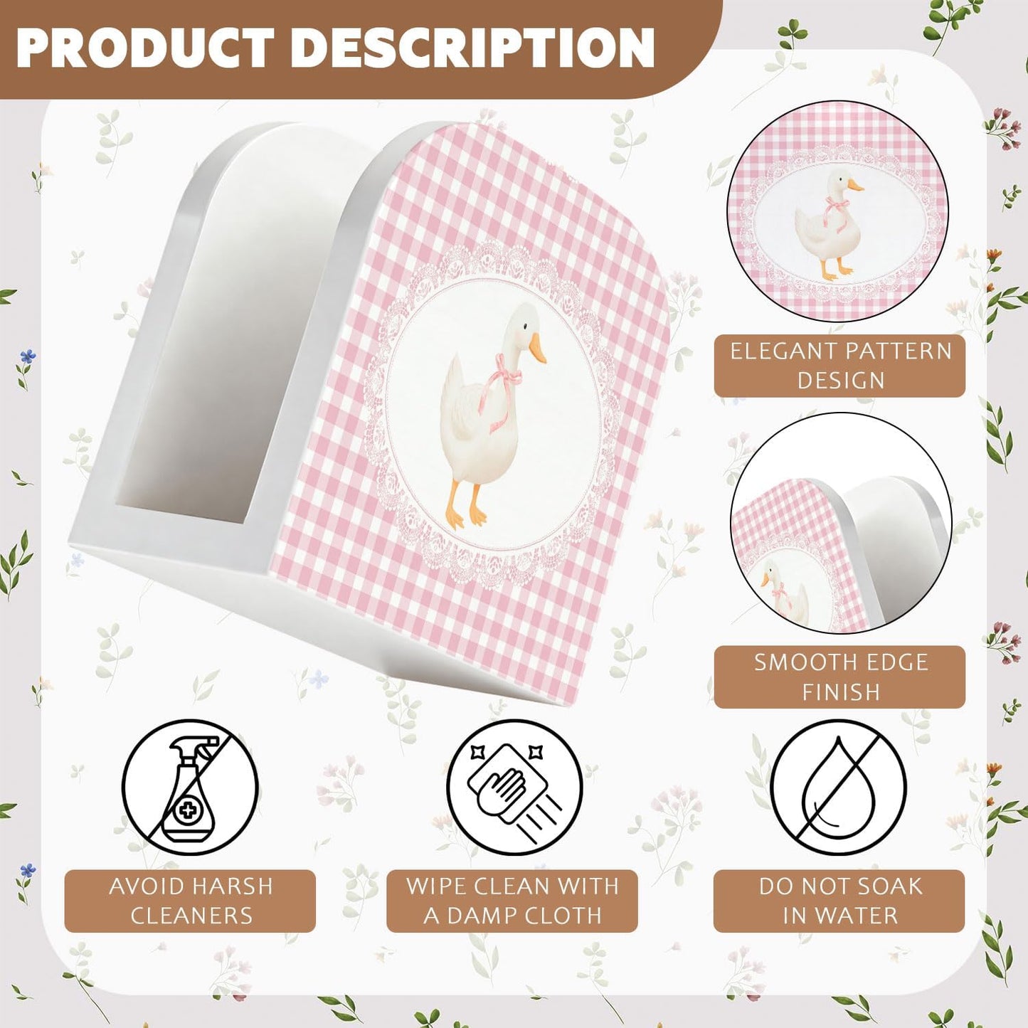 Pink Gingham Plaid Goose Wood Napkin Holder for Table, Coquette Bow Goose Checkered Wooden Standing Napkin Dispenser for Home Kitchen Dining Room Party Cafe Bar Decorations