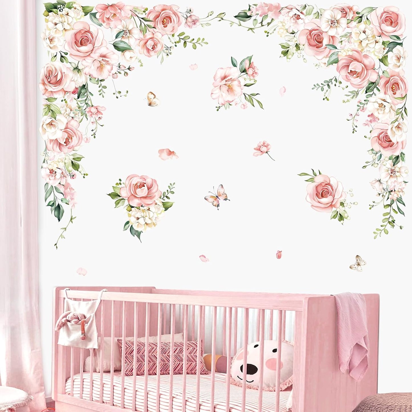 decalmile Large Pink Flower Wall Decals Pink Blossom Floral Vine Butterfly Wall Stickers Baby Nursery Girls Bedroom Living Room Wall Decor