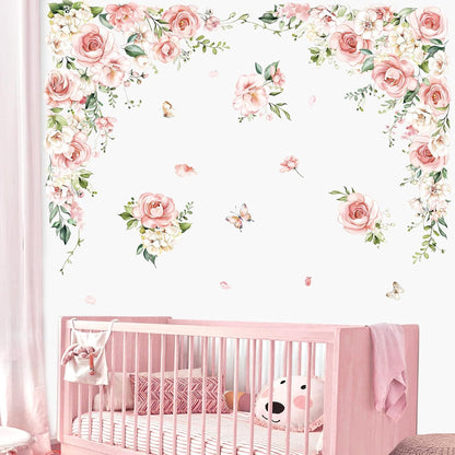 decalmile Large Pink Flower Wall Decals Pink Blossom Floral Vine Butterfly Wall Stickers Baby Nursery Girls Bedroom Living Room Wall Decor