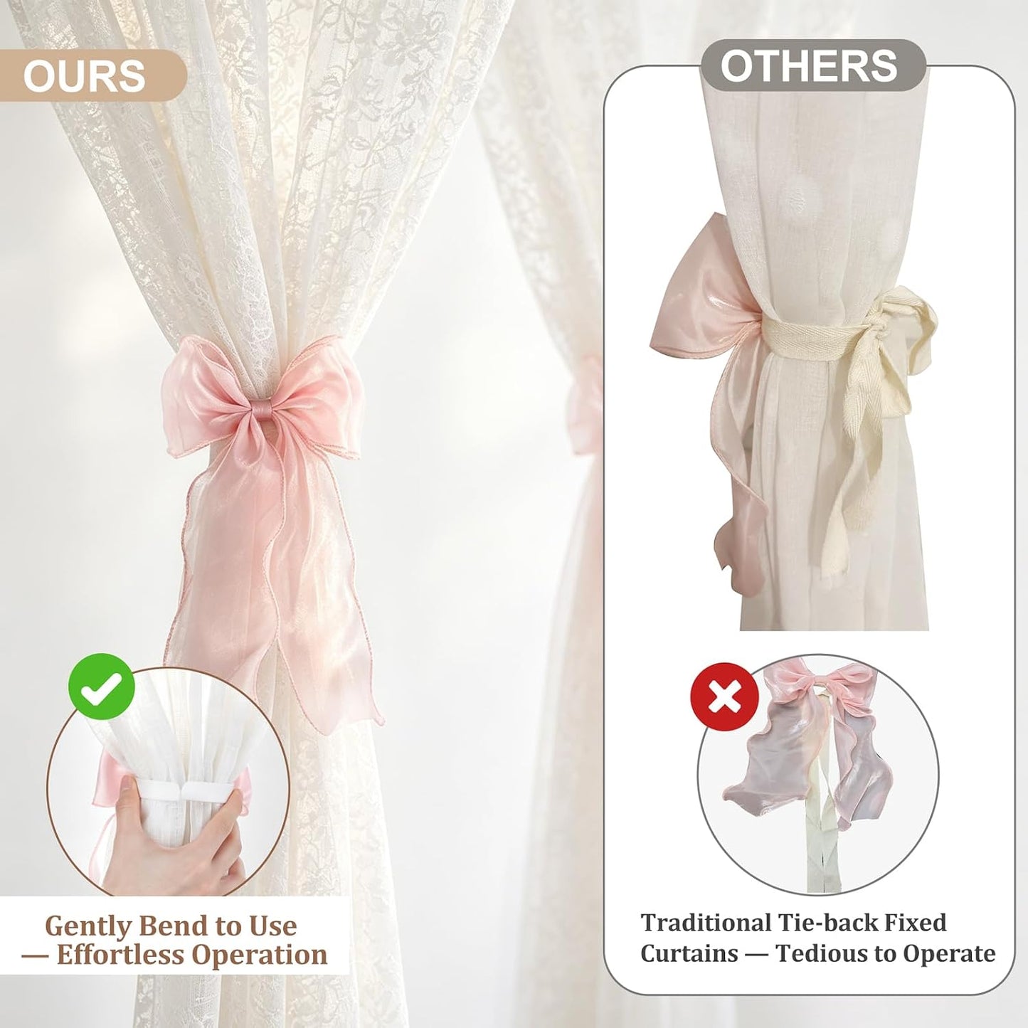 Dahey 2Pcs Bow Curtain Tiebacks Pink Ribbon Curtain Holdbacks with Bendable Metal Core Decorative Tie Backs Accessories for Curtains, Girls Bedroom Home Living Room Wedding Party Offices Decor
