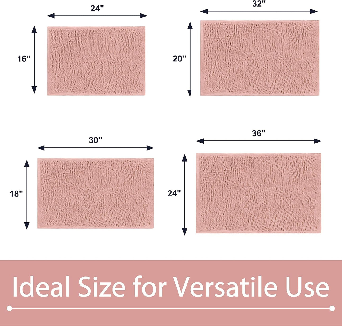 Chenille Bathroom Rugs Mats Carpet 36”x24”, Super Soft Absorbent Quick Dry,Non Slip Indoor Area Rug for Tub and Shower Entryway Lightweight Machine Washable for Bedroom,Kitchen,Garage, Pink