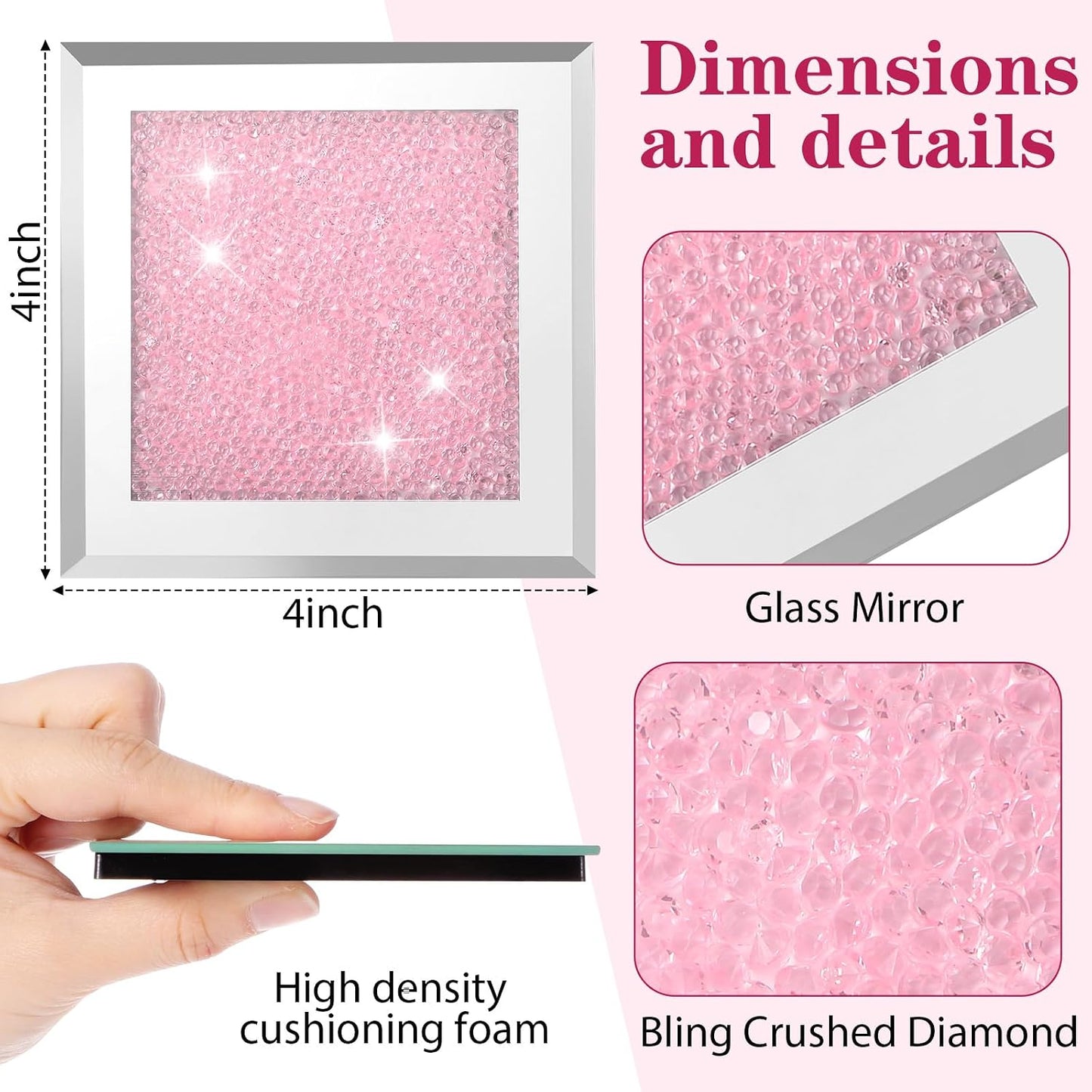 Jetec Crushed Diamond Home Decoration Glass Coaster Set of 6 with 1 Holder, Crystal Mirrored Diamond Coasters Housewarming Gifts for Home Kitchen Bar Table(Pink)