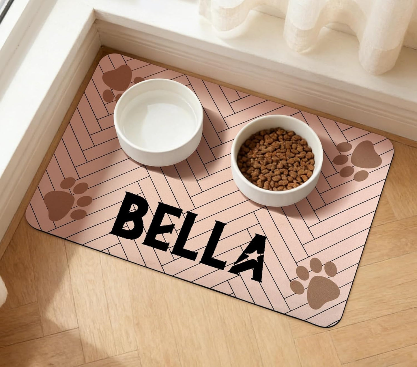 Personalized Pet Food Mat for Dog, Custom Name Absorbent Placemat for Water Bowl, Non-Slip Rubber Backing, Quick Dry Water Dispenser Mat, 17.7"x11.8", Pink