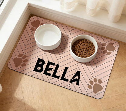Personalized Pet Food Mat for Dog, Custom Name Absorbent Placemat for Water Bowl, Non-Slip Rubber Backing, Quick Dry Water Dispenser Mat, 17.7"x11.8", Pink