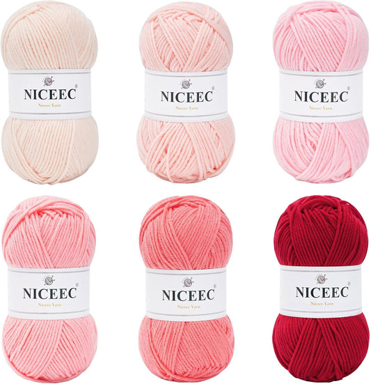NICEEC 300g Soft Assorted Colors Yarn - Sport Weight,100% Acrylic, 4 Ply, Bonbons Yarn for Crochet & Knit, DIY Project Starter Kit for Kids or Adults(Total 870yds) - Pink Series