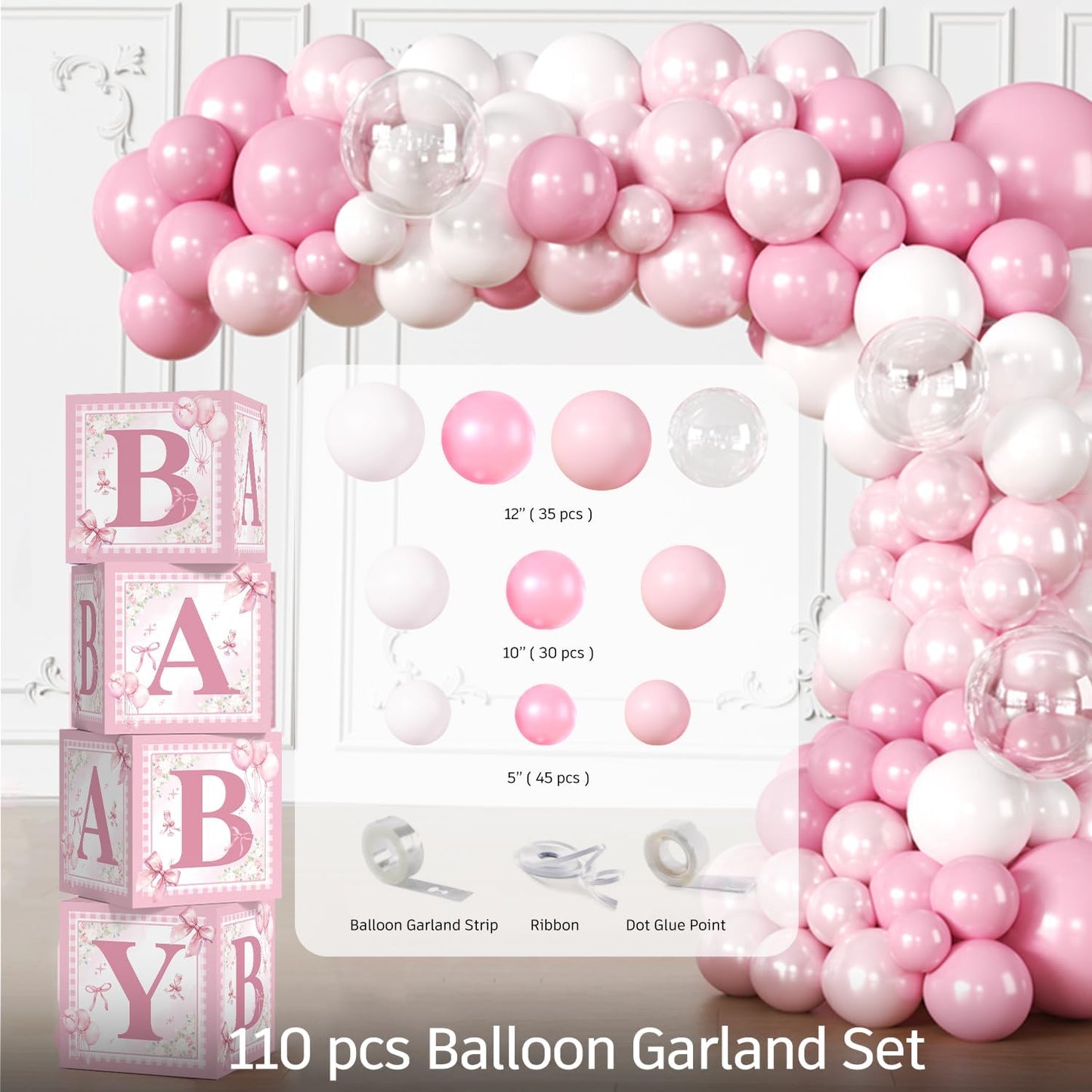cocomigo 274 Pcs Pink Bow Baby Shower Decorations, All-in-One Party Pack for 20 Guests, Includes Tableware, Backdrop, Banner, Balloons and More for Girl Baby Shower
