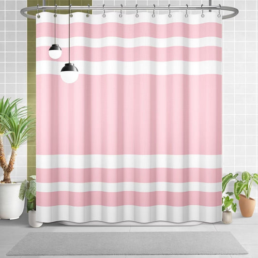 White Pink Shower Curtain for Bathroom 72x72inches Boho Pink and White Striped Waffle Shower Curtain Set with Hooks Bohemia Geometric Decor Waterproof Fabric Shower Curtain