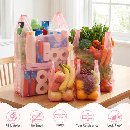 Dunzoom 200 Pcs Pink T-shirt Bags Bulk PE Plastic Shopping Trash Grocery Retail Bags with Handles for Business, Retails, Grocery, Take Out, Supermarket, 3 Size, 17" x 29", 12" x 20", 7" x 13"