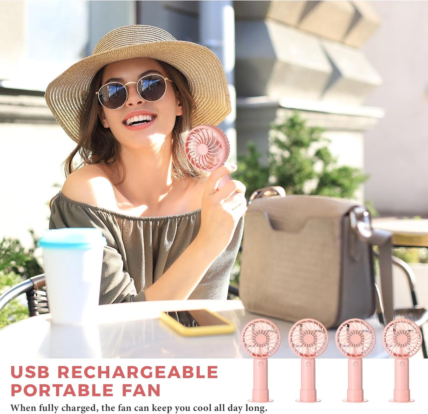 Tujoe 6 Pcs Mini Powerful Handheld Fan 3 Speed Personal Small Portable Rechargeable Fan with Base USB for Women Eyelash Makeup Office Travel Beach Indoor Outdoor (Pink)