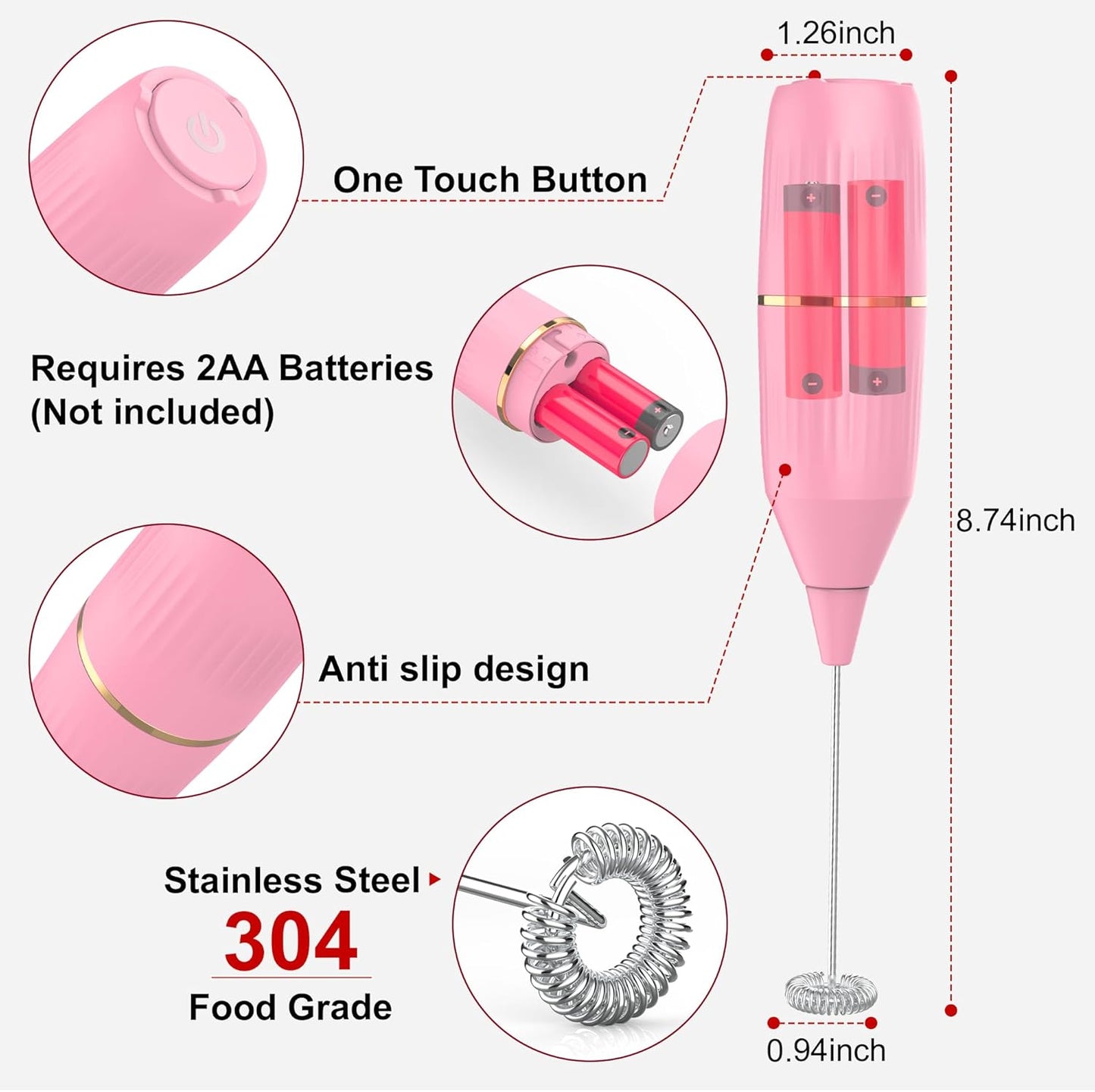 Homexup Handheld Milk Frother 14,000 RPM Drink Mixer Wand with Stand & Stirring Spoon Quiet One-Button Operation, Non-Slip Handle, Detachable Whisk Head for Coffee, Lattes, Cappuccinos, Matcha (Pink)