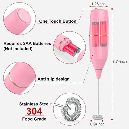 Homexup Handheld Milk Frother 14,000 RPM Drink Mixer Wand with Stand & Stirring Spoon Quiet One-Button Operation, Non-Slip Handle, Detachable Whisk Head for Coffee, Lattes, Cappuccinos, Matcha (Pink)