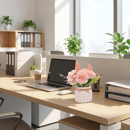 Artificial Potted Flowers Mini Hydrangea with Vase Fake Flower Plants Desktop Decoration Artificial Flower Plants Ceramic Vase for Table Home Office (Pink, One Size)