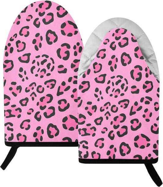 Oven Mitt 2 Pack Set Bright Pink Leopard Print Kitchen Mitts Gloves for for Cooking Baking Grilling