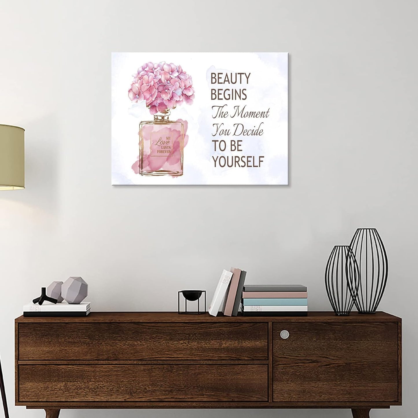 arteWOODS Fashioner Perfume Canvas Wall Art Gold Bottle Pink Flower Canvas Pictures Brown Inspirational Words Canvas Prints Motivational Quetos Wall Decor for Bathroom Bedroom Powder Room 16" X 12"