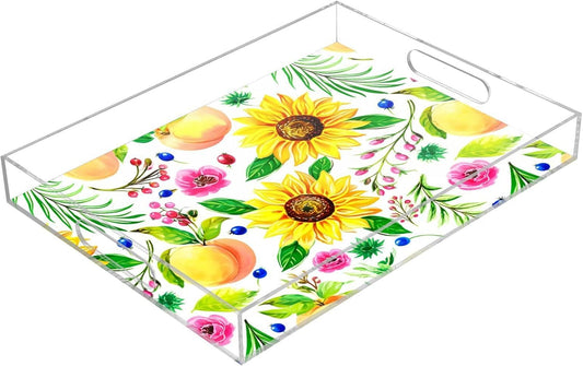Peach Floral Sprigs White Serving Tray with Handles Decorative Ottoman Rectangle Acrylic Tray for Living Room Coffee Table Kitchen 16x12 Inch