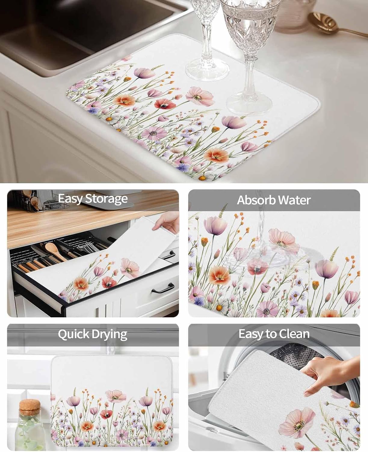 Light Pink Dish Drying Mat for Kitchen Counter Floral Rustic Wildflower Leaf Spring Blossom Absorbent Microfiber Quick Dry Pad Non Slip Drainer Mats 16x18 Inch, 2 Pack