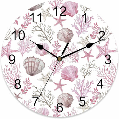 Wall Clock Pink Starfish Shell Clocks PVC Silent Non-Ticking Battery Operated Decorative Coral Ocean Marine Life Round Clock for Home Living Room Kitchen Bedroom Office School Wall Decor 10 Inch