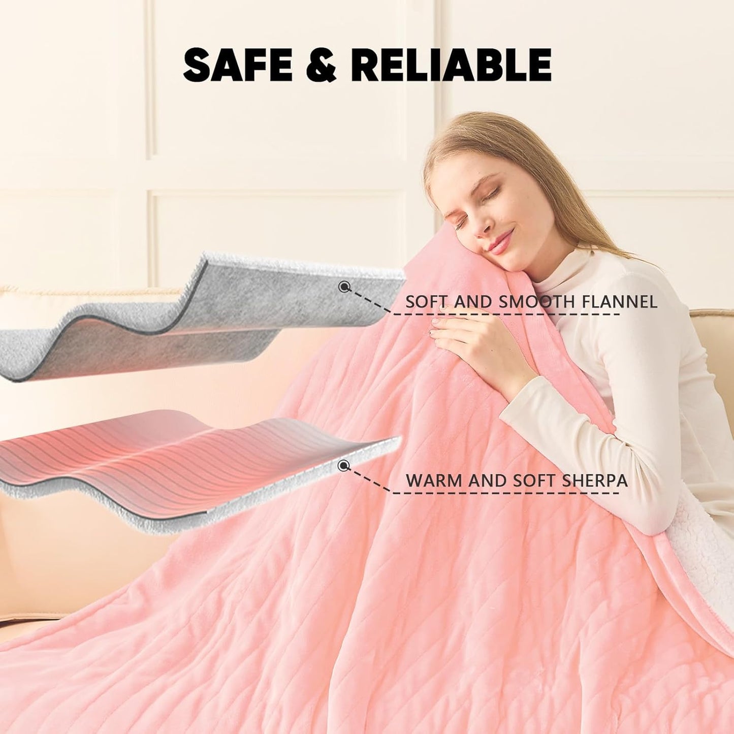greenoak Heated Blanket Electric Full 72"X84", Heating Blanket with 10 Heat Levels 1/2/4/6/8 Hours Auto-Off, Soft Flannel Sherpa Warm Heater Christmas Blanket,Light Pink