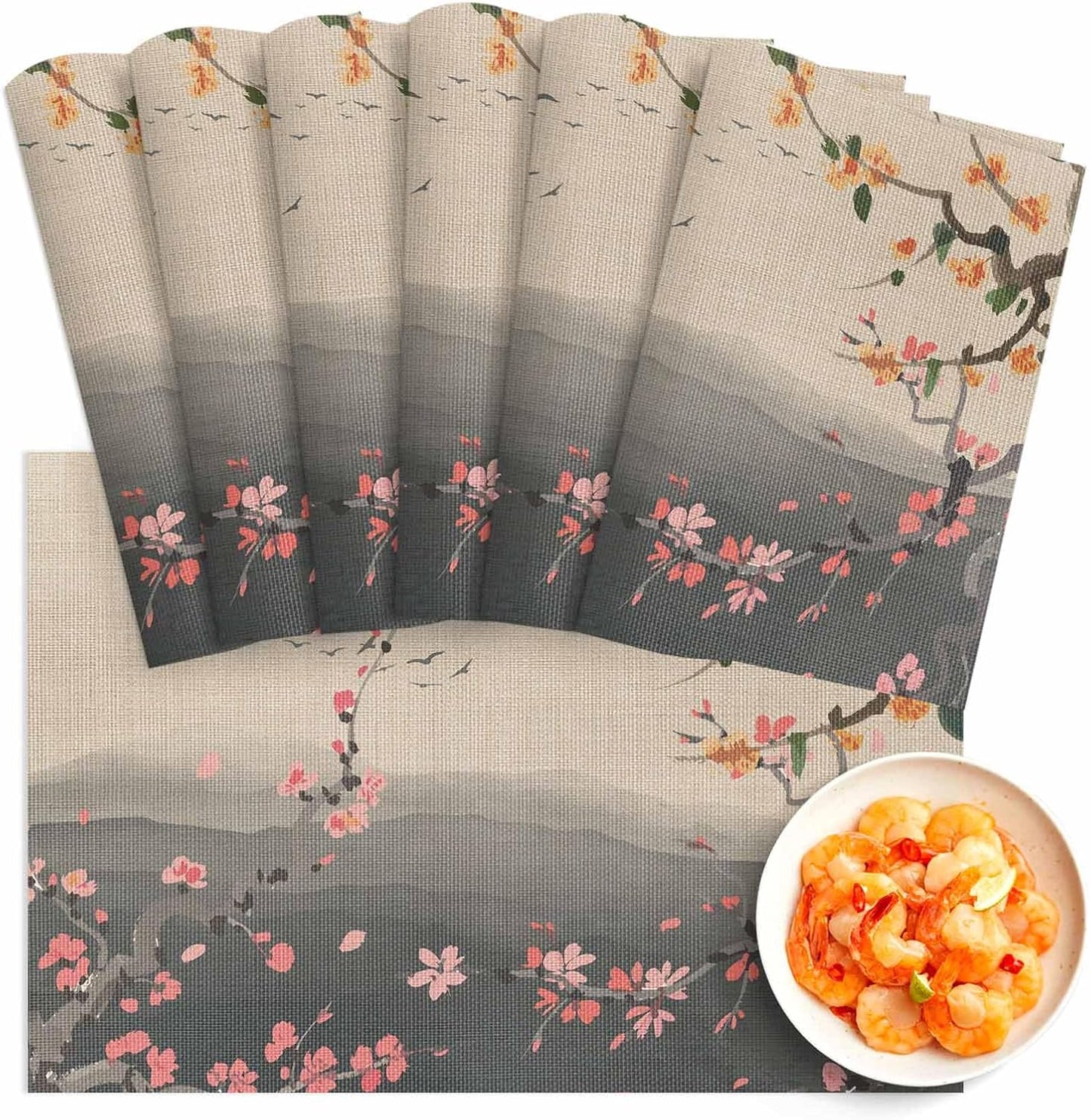 Chinese Ink Painting Placemats Set of 6, Washable PVC Kitchen Table Mats Place Mats, Pink Peach Blossom Branches Woven Vinyl Placemat for Dining Table, 13" x 19"