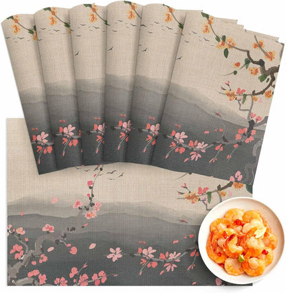 Chinese Ink Painting Placemats Set of 6, Washable PVC Kitchen Table Mats Place Mats, Pink Peach Blossom Branches Woven Vinyl Placemat for Dining Table, 13" x 19"