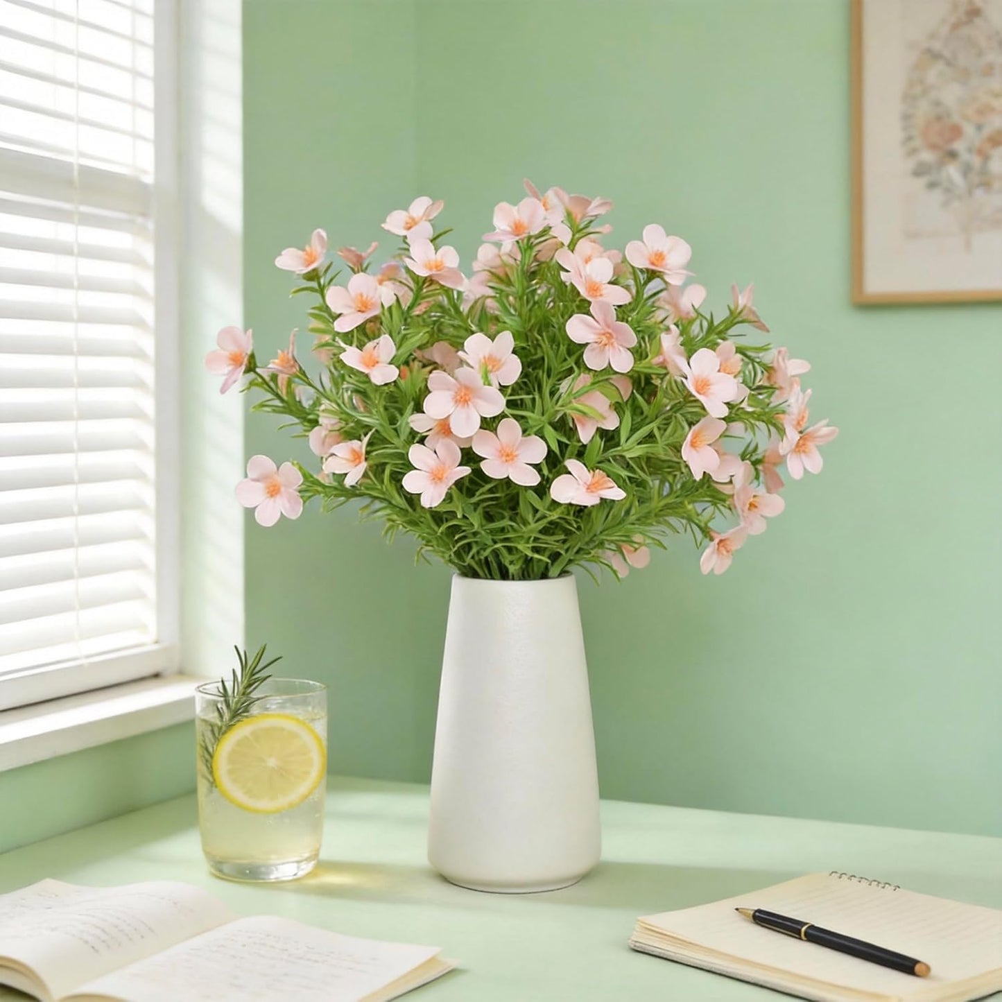 Artificial Pink Gypsophila Baby's Breath Flowers in Ceramic Vase, 6 Inch White Vase with Faux Cosmos Arrangement, Farmhouse Table Centerpiece for Home Office Shelf Desk Decor