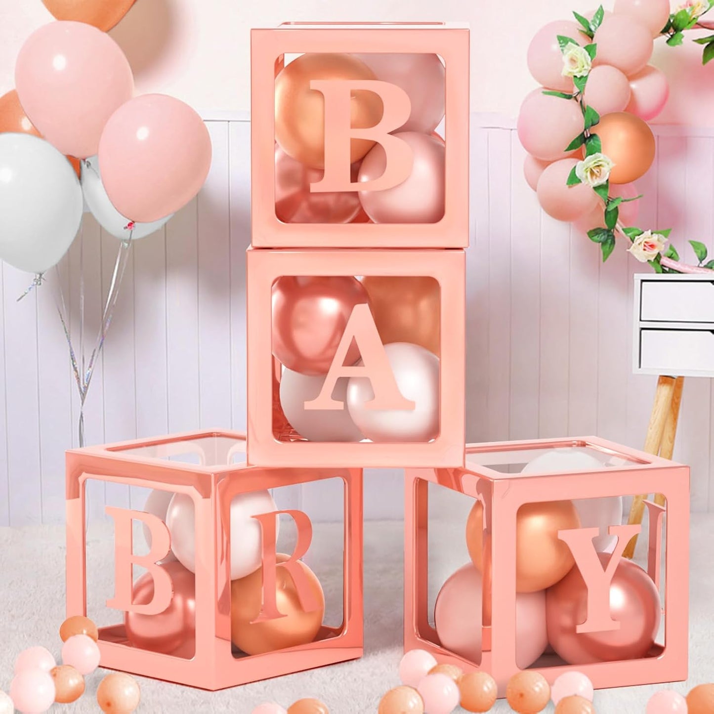 Floral Baby Shower Decorations for Girl, Baby Boxes with Letters/Photo Backdrop/Rose Gold and Pink Balloon Arch/Foil Balloons, Birthday Party Supplies Baby Girl Shower Decorations
