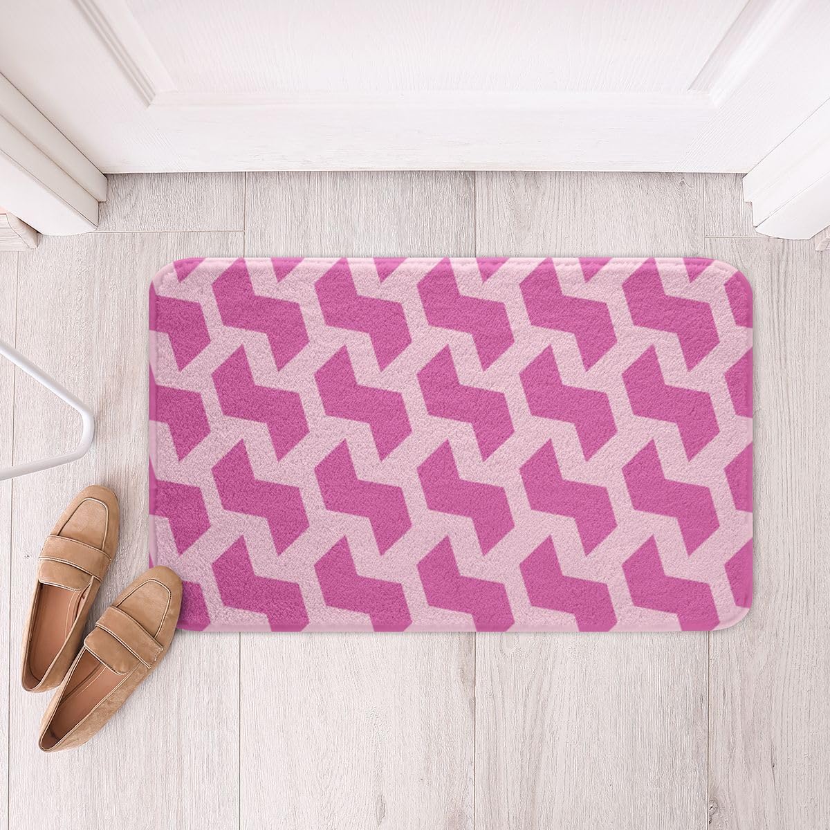 Manfei Pink Checkered Bath Mats Abstract Geometric Grid Bathroom Mats Rugs,Cute Retro Hippie Bath Carpets,Kids Boys Girls Room Decor,Non Slip Absorbent Plush Floor Rugs, 16Wx24L Inches
