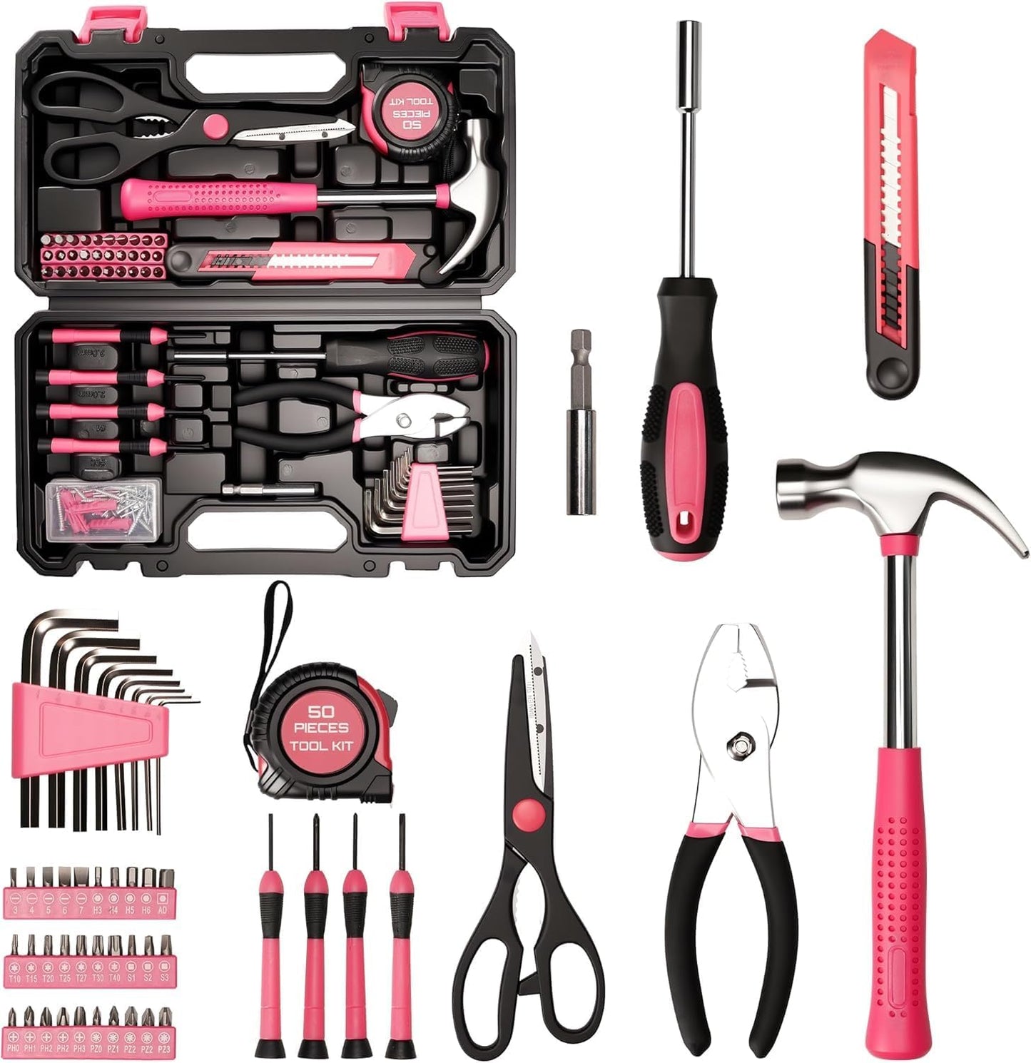 39-Piece Pink Tool Set - General Household Hand Tool Kit with Plastic Toolbox Storage Case, Compact and Portable for DIY Projects, Home Repairs & Maintenance
