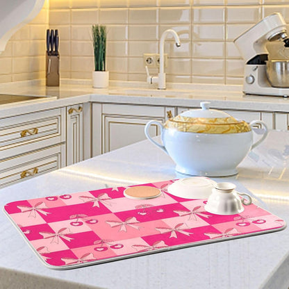 Bow Plaid Light Pink Dish Drying Mat for Kitchen Counter with Absorbent Quick Dry Slip Resistant Dish Drying Pad for Coffee Bar Sink Draining Racks, 16 x 18 Inches
