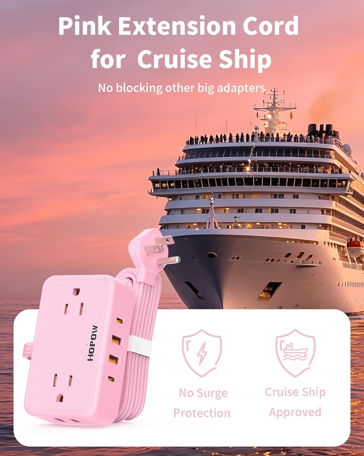 HOPOW Pink Extension Cord, 6 Ft Ultra Thin Pink Power Strip, 4 AC Wide Spaced Outlets and 4 USB (2 USB-C) Ports, No Surge Protector for Kawaii Desk Home Room Decor Essentials