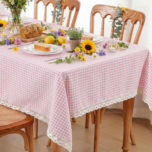 Moukeren Pink and White Gingham Tablecloth with Lace Trim Vintage Plaid Tablecloth Checkered Table Cloth 52x70inch Rectangular Washable Farmhouse Table Decorations for Kitchen Dining