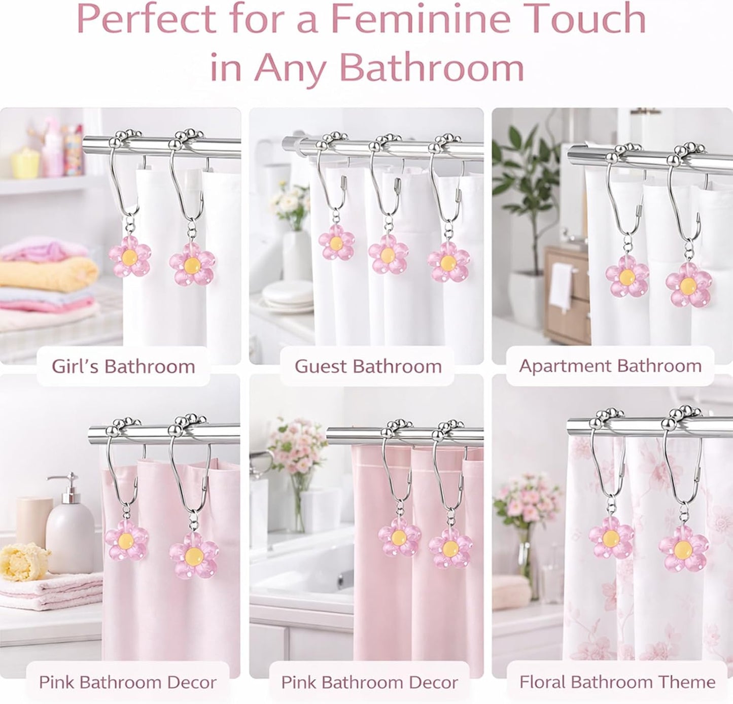 12 Pcs Pink Bow Shower Curtain Hooks, Decorative Shower Curtain Rings Rust Proof, Cute Aesthetic Bathroom Curtain Hooks for Girls, Teens & Women (Light Pink Flower)