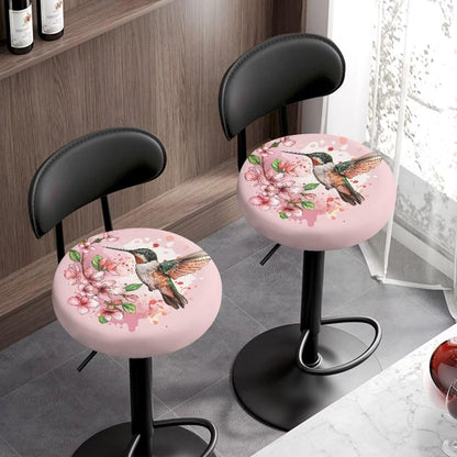 Lotusorchid Hummingbird Stool Covers 2 Pack, Peach Blossom Stool Cushion Cover with Elastic, Washable Round Seat Covers for Bar Stools, Comfy Stool Slipcovers Round, Pink