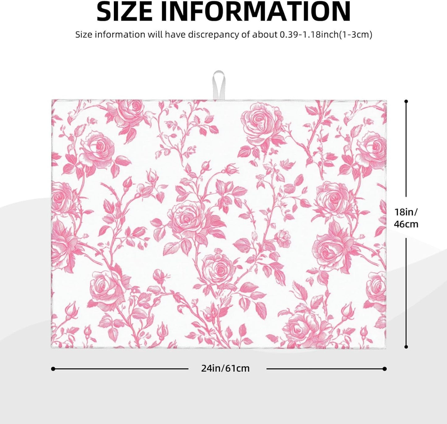 Pink Floral Rose Toile Pattern Dish Drying Mat For Kitchen Counter, Drain Rack Mat Microfiber Quick Dry Dish Pad