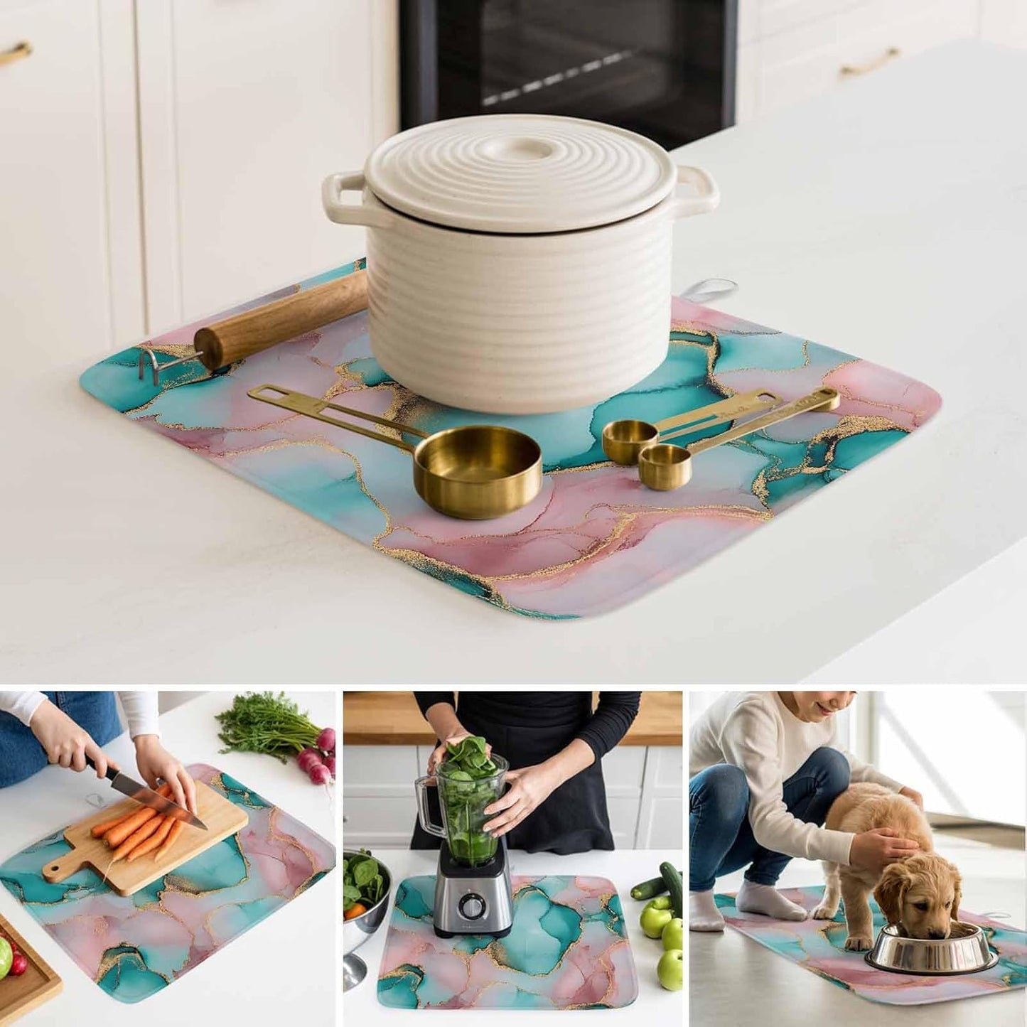 Dish Drying Mat Pink Water Marble Kitchen Counter Drying Pad for Dishes Glasses Cups and Cookware Abstract Art Absorbent Dish Drying Mat Machine Washable Kitchen Accessories 16" x 18"