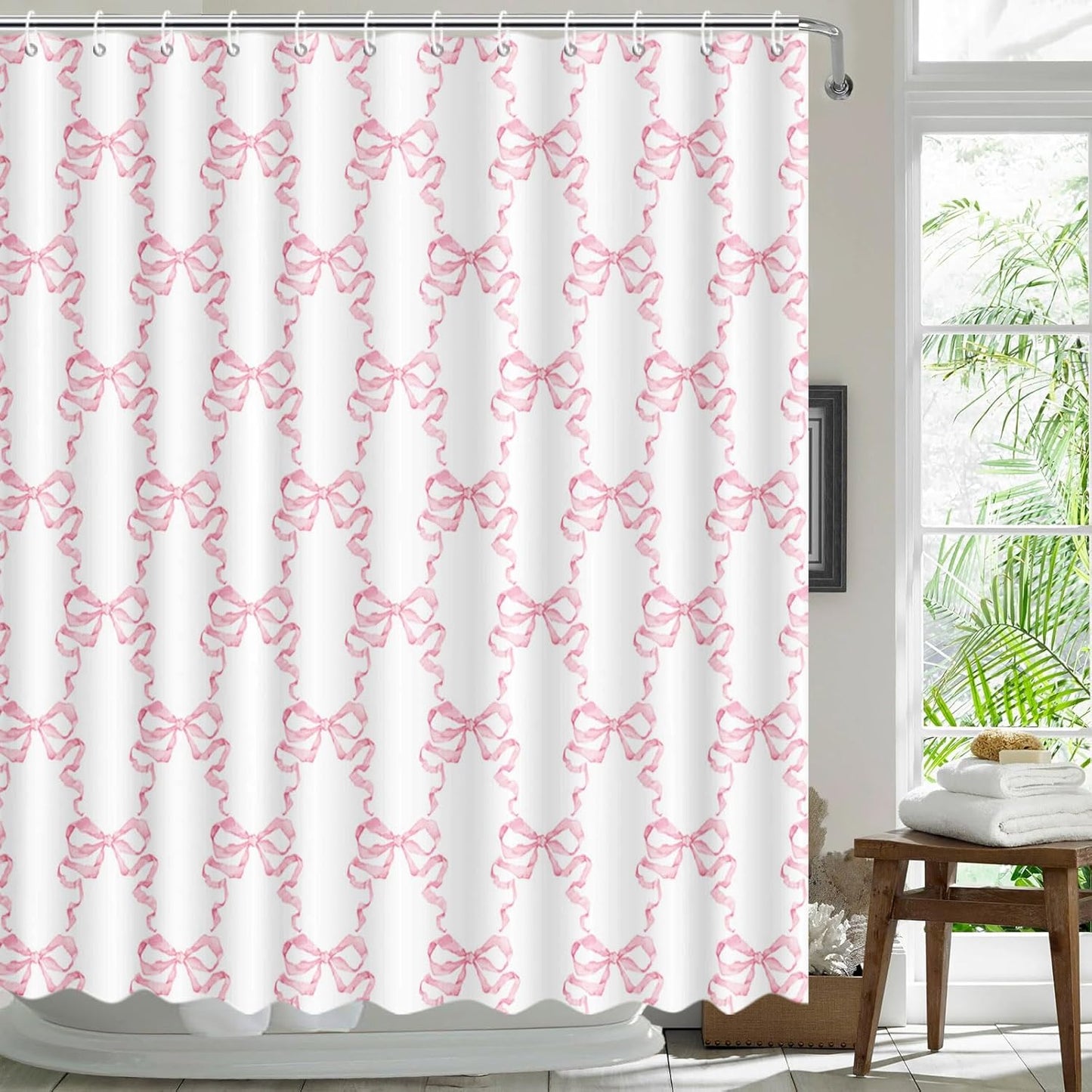 MEHOFOND Bow Shower Curtain Coquette Pink Bow Bathroom Decor for Women Girls Cute Romantic Bow Shower Curtain Modern Art Aesthetic Bathtub Decor Fabric Waterproof Bath Curtain with 12 Hooks 72x72 Inch
