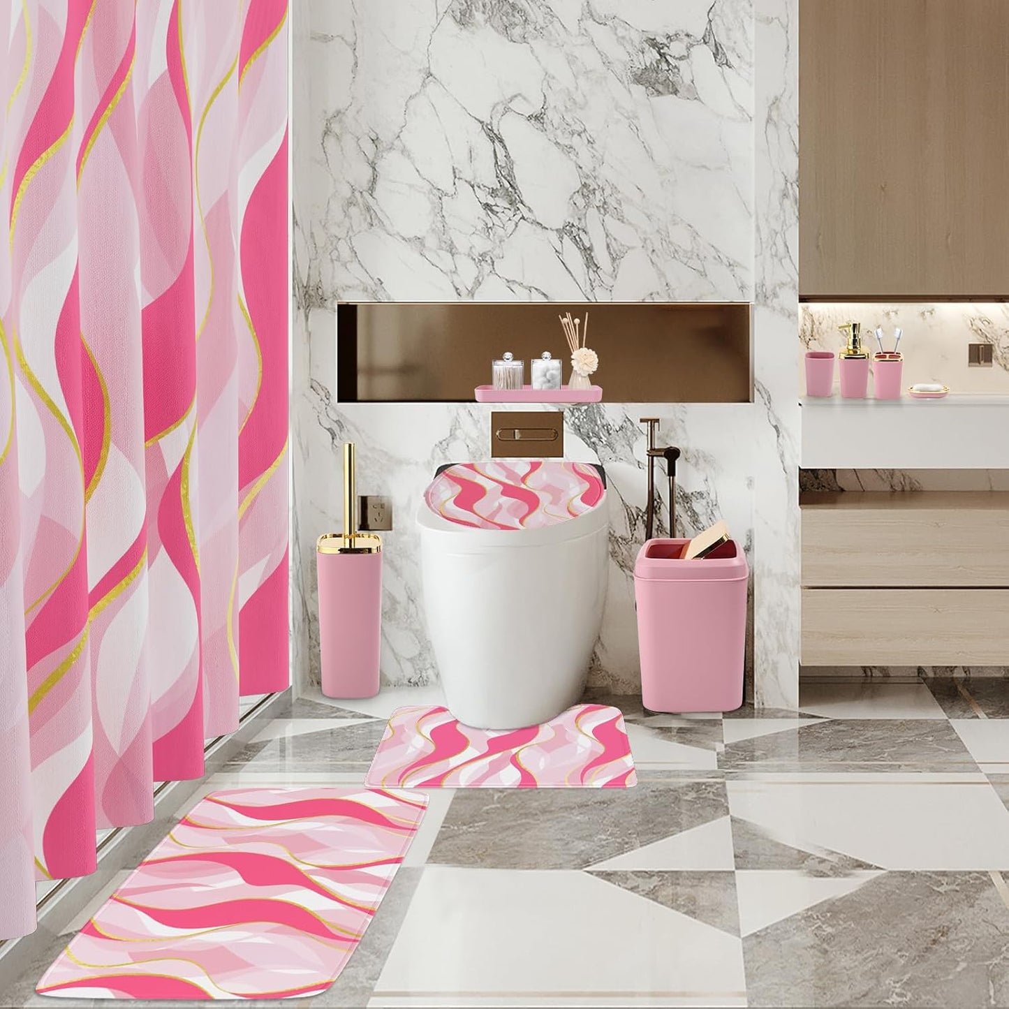 XLHOMO Bathroom Set - Pink and Gold Bathroom Accessories, Bathroom Sets with Shower Curtain and Rugs, Pink Shower Curtain Set with Bathroom Trash Can, Soap Dispenser, Soap Dish for Home Decor