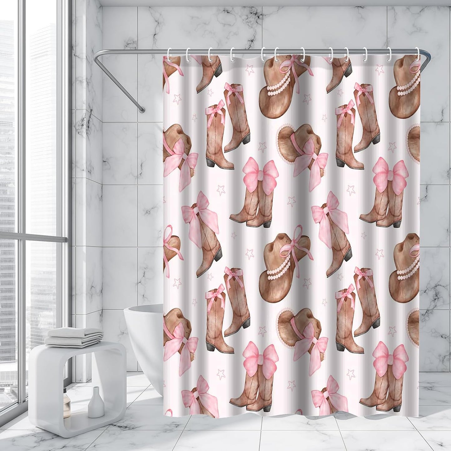 Cowgirl Bowknot Shower Curtain Set 72x72inch Pink Boots and Hat Design Ideal Holiday Bath Decor for Girls Bath Decorations with 12 Plastic Shower Hooks