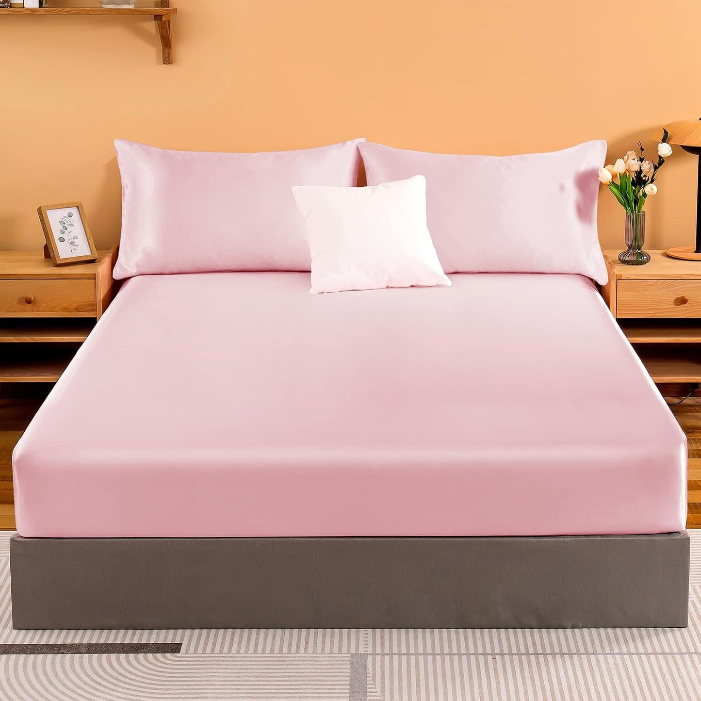 NSGZ Satin Fitted Sheet Queen, Single Silky Fitted Sheet Only Soft Deep Pocket Bottom Bed Sheets, Wrinkle Free & Fade Resistant & Breathable Bottom Sheets- Pink
