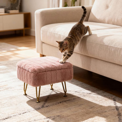 Small Foot Stool with Storage & Gold Metal Legs, Small Ottoman Foot Rest Under Desk for Couch, Chair, Pink Furry with High-Density Resilient Sponge