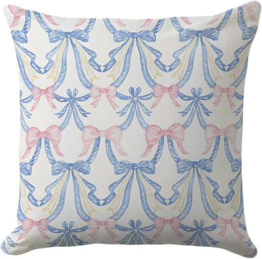 Pastel Bow Pillow Cover 18x18 – Vintage Pink and Blue Ribbon Throw Pillow for Coquette Bedroom or Grandmillennial Decor – Soft Aesthetic Style