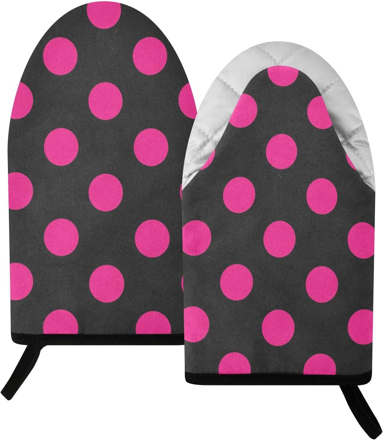 Oven Mitt 2 Pack Set Pink Polka Dot on Black Kitchen Mitts Gloves for for Cooking Baking Grilling