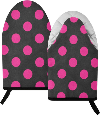 Oven Mitt 2 Pack Set Pink Polka Dot on Black Kitchen Mitts Gloves for for Cooking Baking Grilling