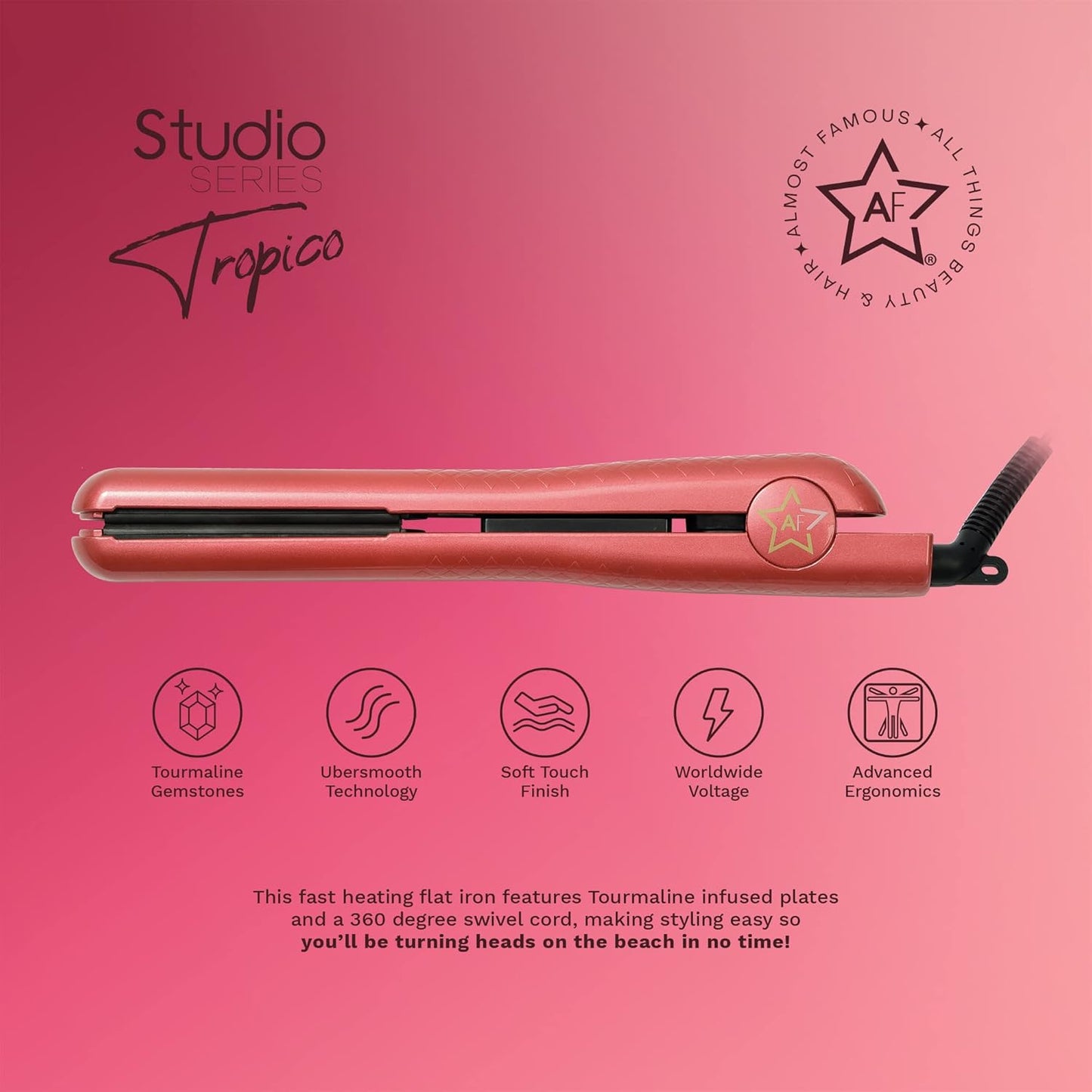 Almost Famous Tropico Tourmaline Ceramic 1.25" Professional Hair Straightener Flat Iron Pro for Hair Styling, Tourmaline Ceramic Panel with Adjustable Temperature - (Hibiscus Pink (New Model)
