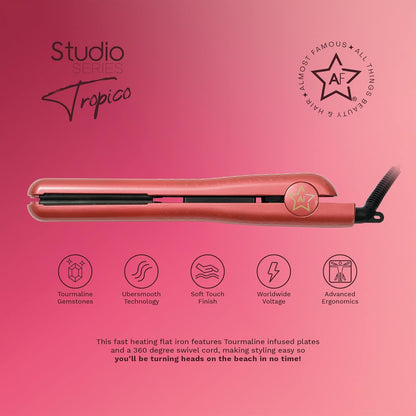 Almost Famous Tropico Tourmaline Ceramic 1.25" Professional Hair Straightener Flat Iron Pro for Hair Styling, Tourmaline Ceramic Panel with Adjustable Temperature - (Hibiscus Pink (New Model)